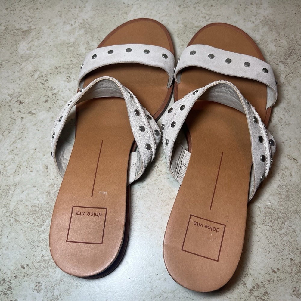 Dolce Vita Pacey Womens Slide Sandals Beige Studded Leather Size 10 EUC 2 Straps - Picture 5 of 8